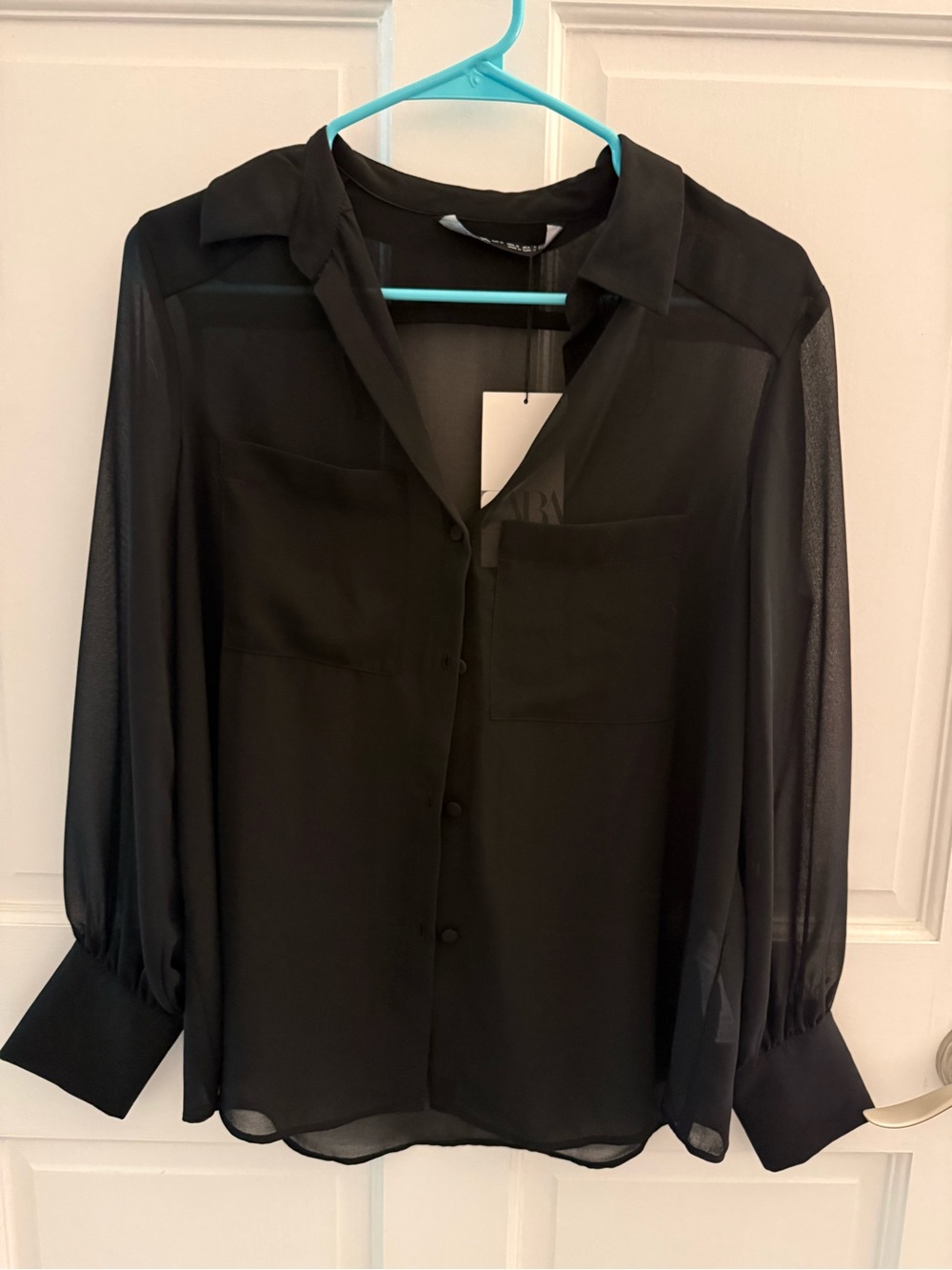 NWT Zara Black Sheer Button-Front Blouse Size S